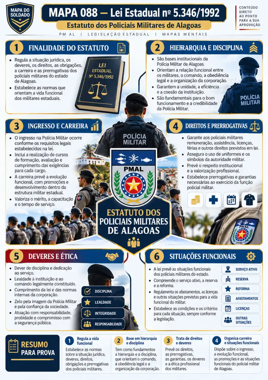 Mapa Mental 088 de Legislação PM AL - Estatuto dos Policiais Militares Lei 5.346/1992