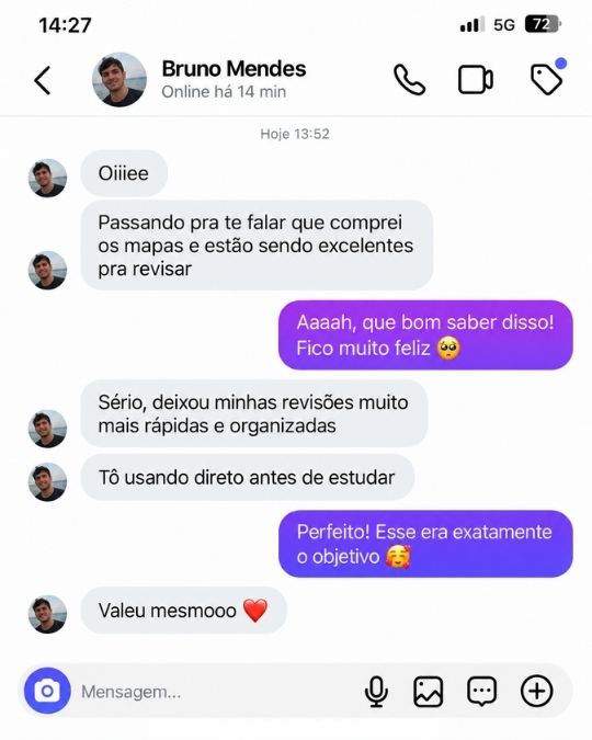 Feedback de concurseiro elogiando a memorização com mapas mentais PM AL