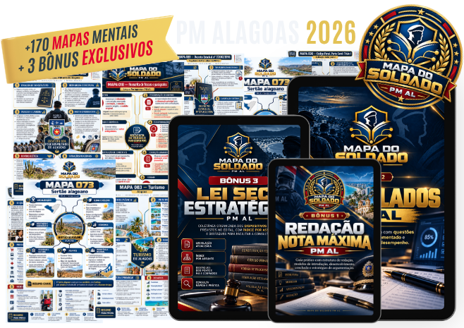Mockup completo do pack de 173 mapas mentais ilustrados para Soldado PM AL 2026